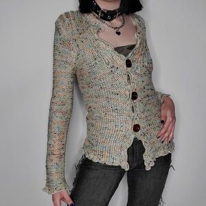 BCBGeneration | Women’s cream confetti open knit 3-button scalloped hem cardigan